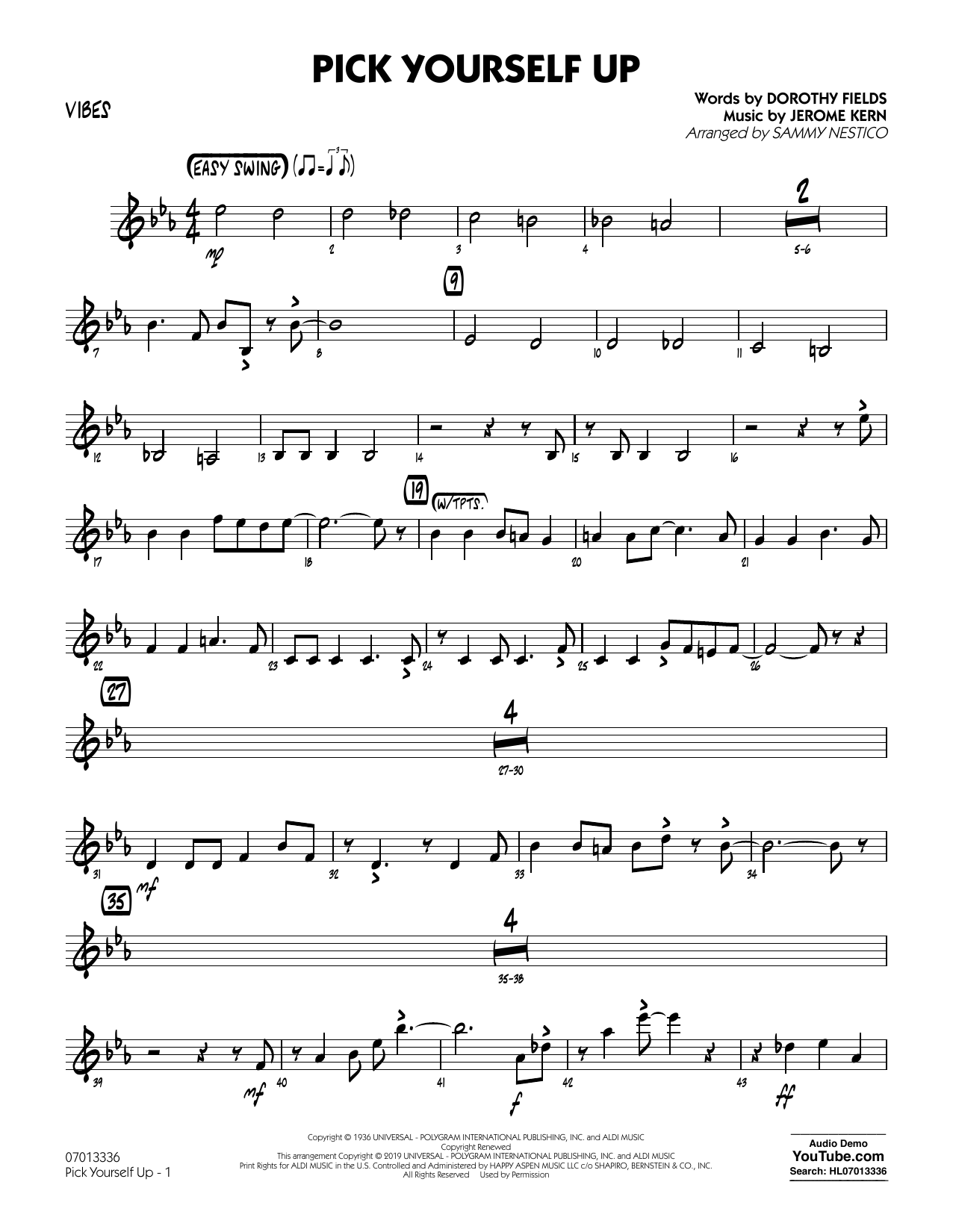 Learn to play Jerome Kern Pick Yourself Up (arr. Sammy Nestico) - Vibes sheet music for Jazz Ensemble in minutes. Jerome Kern Pick Yourself Up (arr. Sammy Nestico) - Vibes sheet music preview music notes and score for Jazz Ensemble including 2 page(s)