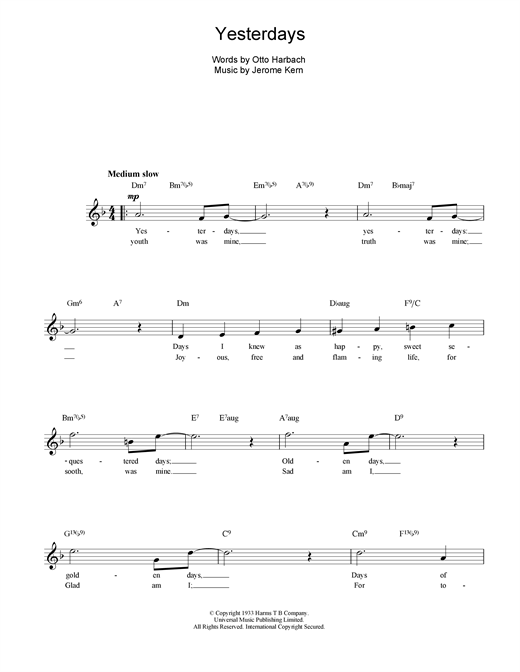 Jerome Kern Yesterdays sheet music preview music notes and score for Guitar Tab including 3 page(s)