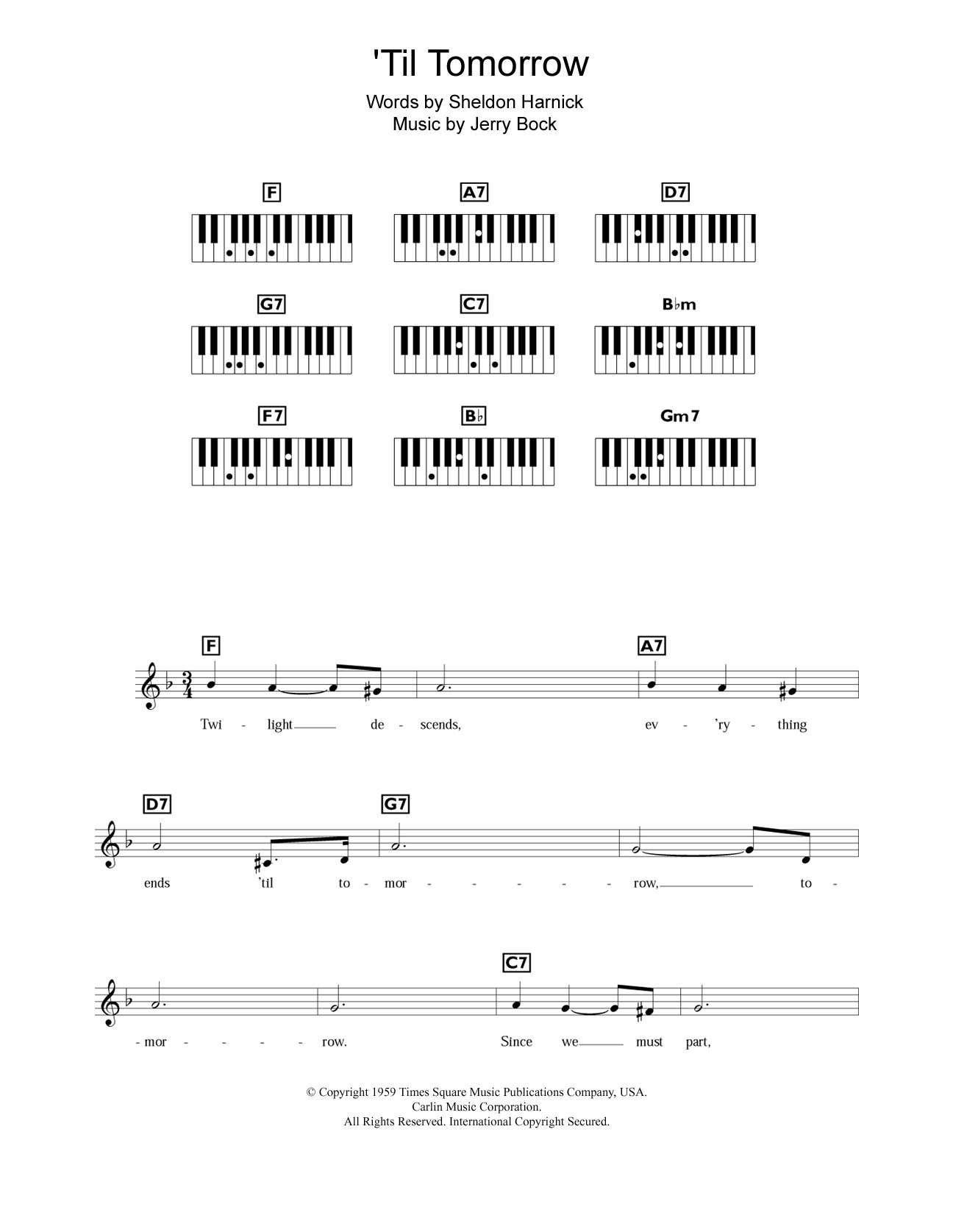 Jerry Bock 'Til Tomorrow (from Fiorello!) sheet music, chords, lyrics - Printable PDF for Piano Chords/Lyrics
