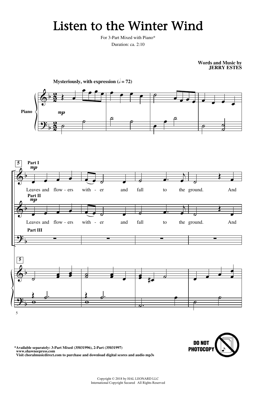 Jerry Estes Listen To The Winter Wind sheet music, chords, lyrics - Printable PDF for 3-Part Mixed