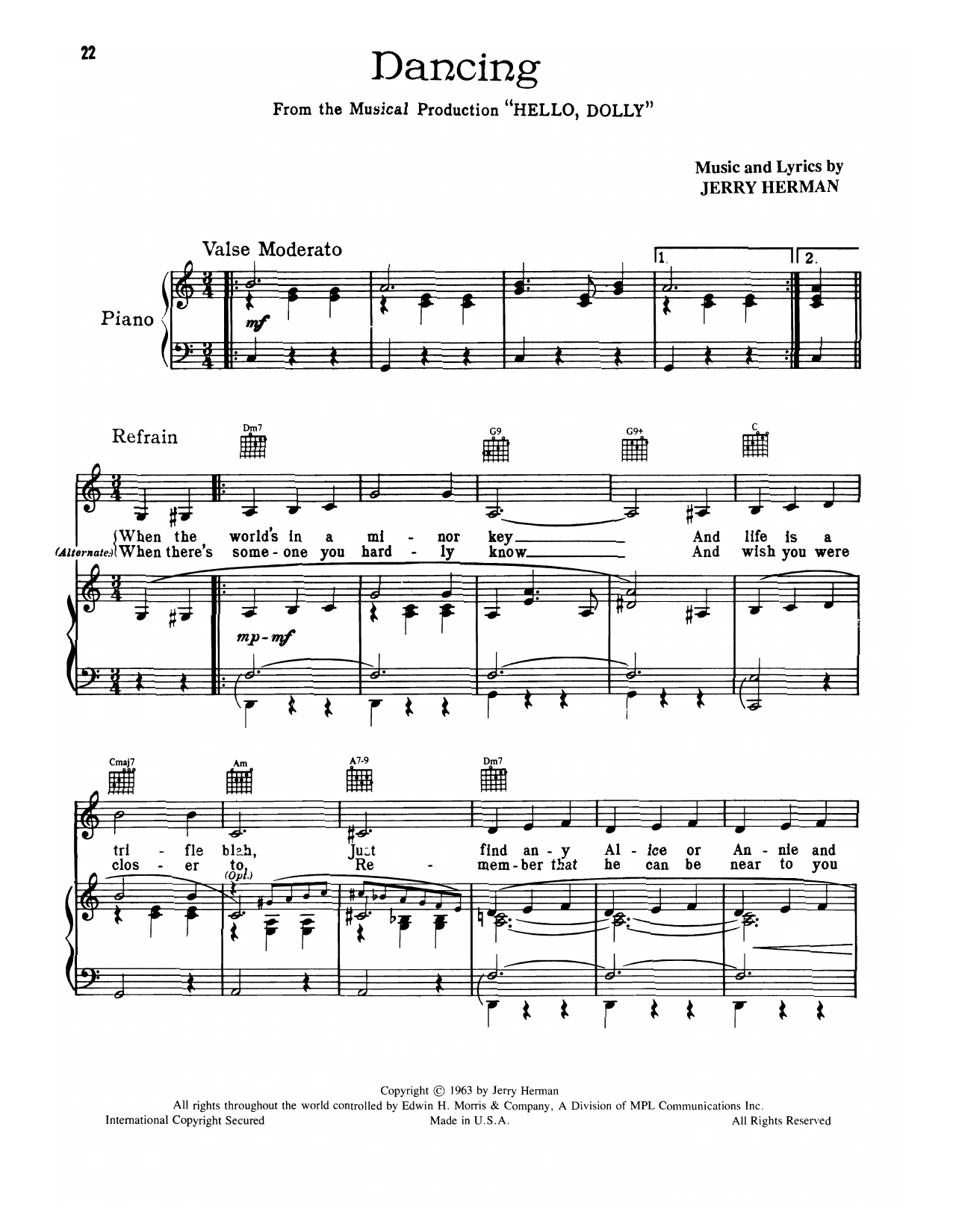 Jerry Herman Dancing (from Hello, Dolly!) sheet music, chords, lyrics - Printable PDF for Piano, Vocal & Guitar Chords (Right-Hand Melody)