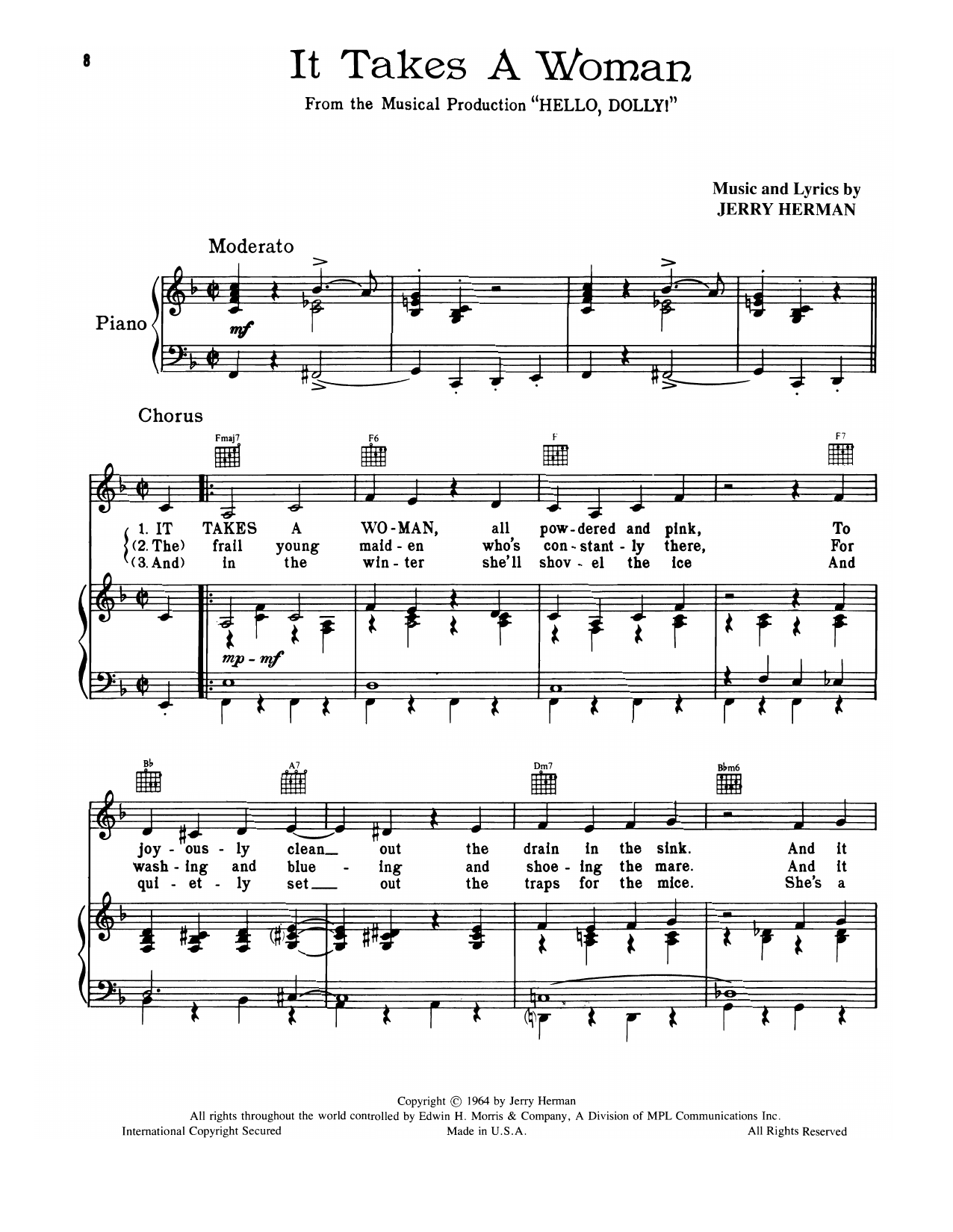 Jerry Herman It Takes A Woman (from Hello, Dolly!) sheet music, chords, lyrics - Printable PDF for Piano, Vocal & Guitar Chords (Right-Hand Melody)
