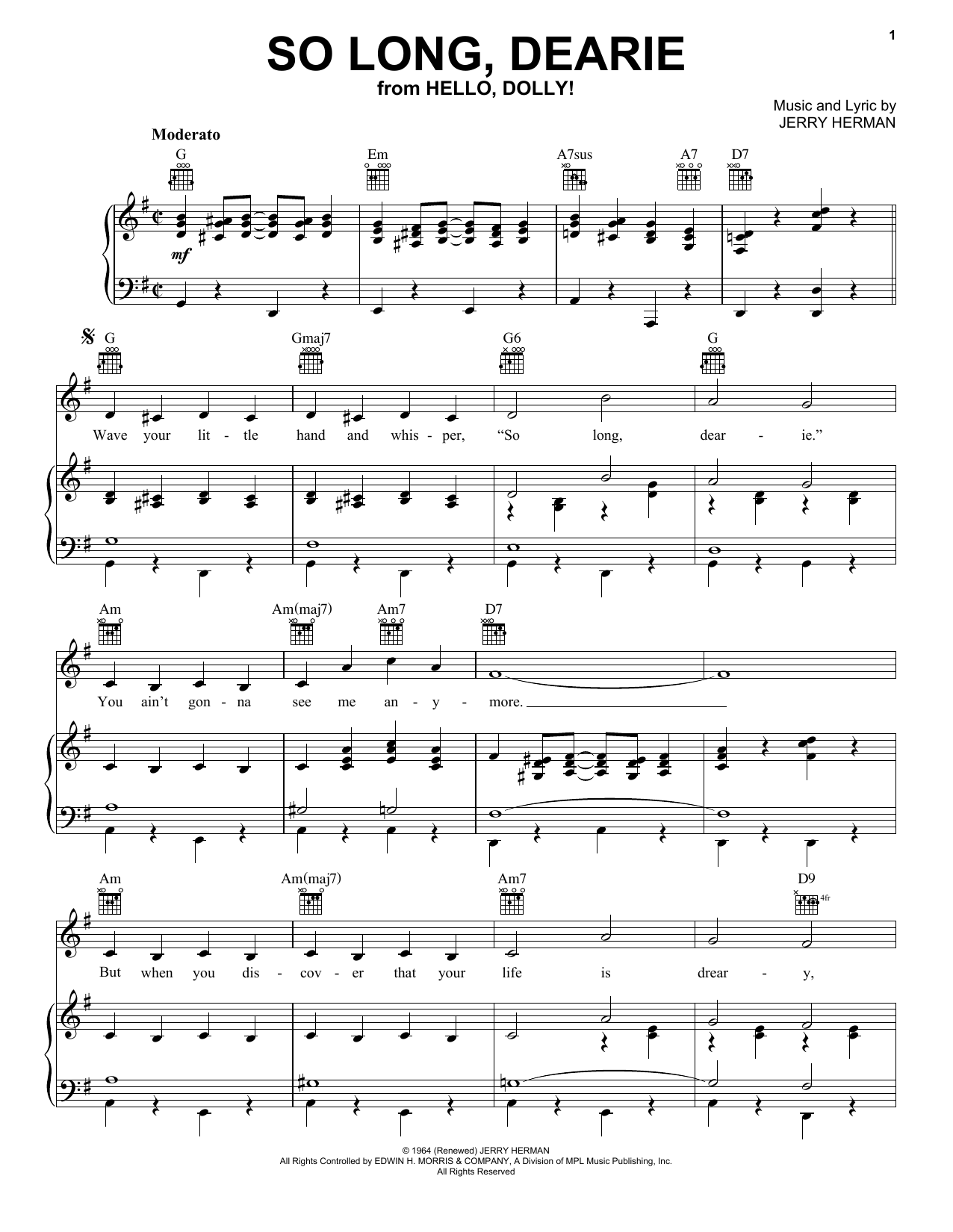 Jerry Herman So Long, Dearie (from Hello, Dolly!) sheet music, chords, lyrics - Printable PDF for Piano, Vocal & Guitar Chords (Right-Hand Melody)