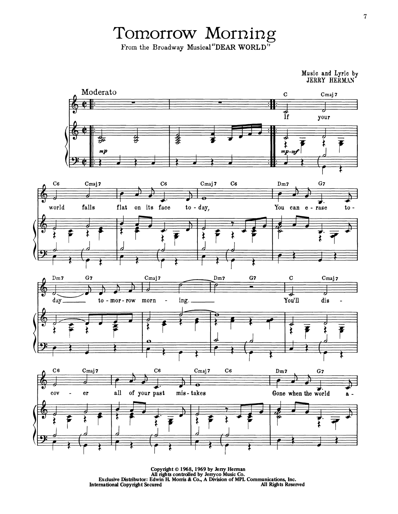 Jerry Herman Tomorrow Morning (from Dear World) sheet music, chords, lyrics - Printable PDF for Piano, Vocal & Guitar Chords (Right-Hand Melody)