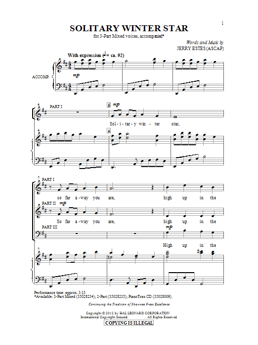 Learn to play Jerry Estes Solitary Winter Star sheet music for 3-Part Mixed in minutes. Jerry Estes Solitary Winter Star sheet music preview music notes and score for 3-Part Mixed including 10 page(s)
