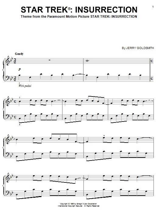 Learn to play Jerry Goldsmith Star Trek(R) Insurrection sheet music for Easy Piano in minutes. Jerry Goldsmith Star Trek(R) Insurrection sheet music preview music notes and score for Easy Piano including 5 page(s)