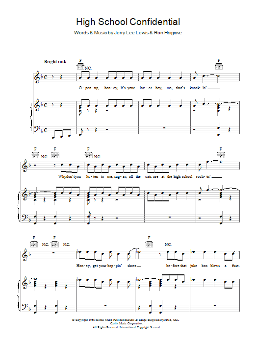 Learn to play Jerry Lee Lewis High School Confidential sheet music for Piano, Vocal & Guitar (Right-Hand Melody) in minutes. Jerry Lee Lewis High School Confidential sheet music preview music notes and score for Piano, Vocal & Guitar (Right-Hand Melody) including 5 page(s)