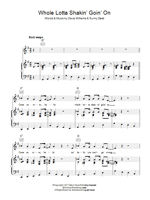 Learn to play Jerry Lee Lewis Whole Lotta Shakin' Goin' On sheet music for Piano, Vocal & Guitar (Right-Hand Melody) in minutes. Jerry Lee Lewis Whole Lotta Shakin' Goin' On sheet music preview music notes and score for Piano, Vocal & Guitar (Right-Hand Melody) including 3 page(s)