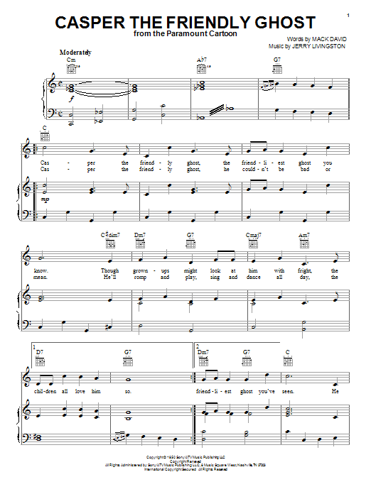Learn to play Jerry Livingston Casper The Friendly Ghost sheet music for Piano, Vocal & Guitar (Right-Hand Melody) in minutes. Jerry Livingston Casper The Friendly Ghost sheet music notes and chords