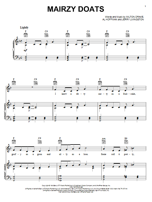 Learn to play Jerry Livingston Mairzy Doats sheet music for Piano, Vocal & Guitar (Right-Hand Melody) in minutes. Jerry Livingston Mairzy Doats sheet music notes and chords