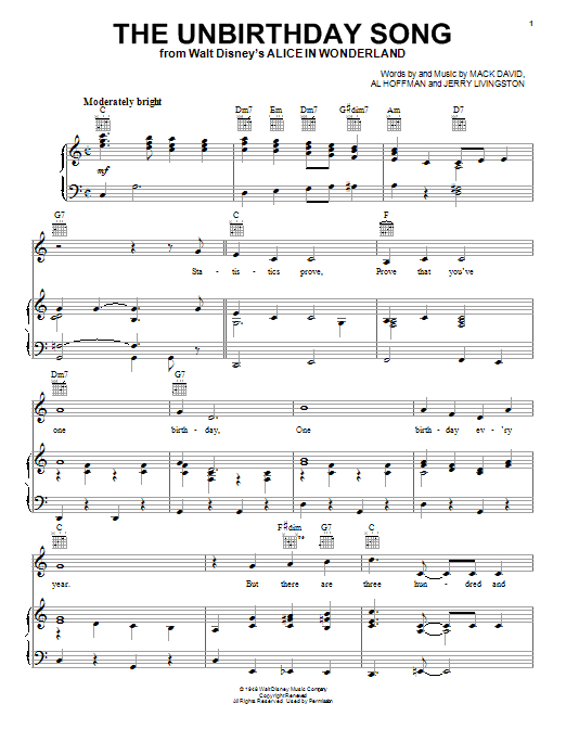 Learn to play Jerry Livingston The Unbirthday Song (from Disney's Alice In Wonderland) sheet music for E-Z Play Today in minutes. Jerry Livingston The Unbirthday Song (from Disney's Alice In Wonderland) sheet music preview music notes and score for E-Z Play Today including 2 page(s)