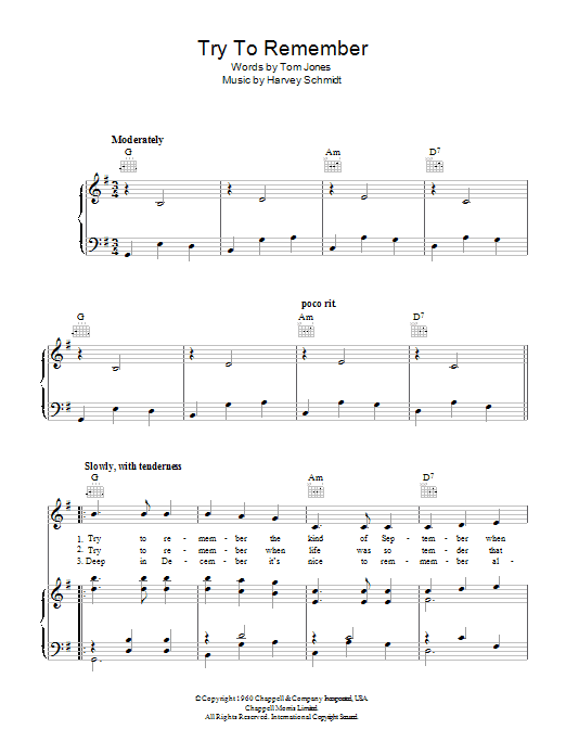 Learn to play Jerry Orbach Try To Remember sheet music for Piano, Vocal & Guitar (Right-Hand Melody) in minutes. Jerry Orbach Try To Remember sheet music preview music notes and score for Piano, Vocal & Guitar (Right-Hand Melody) including 4 page(s)