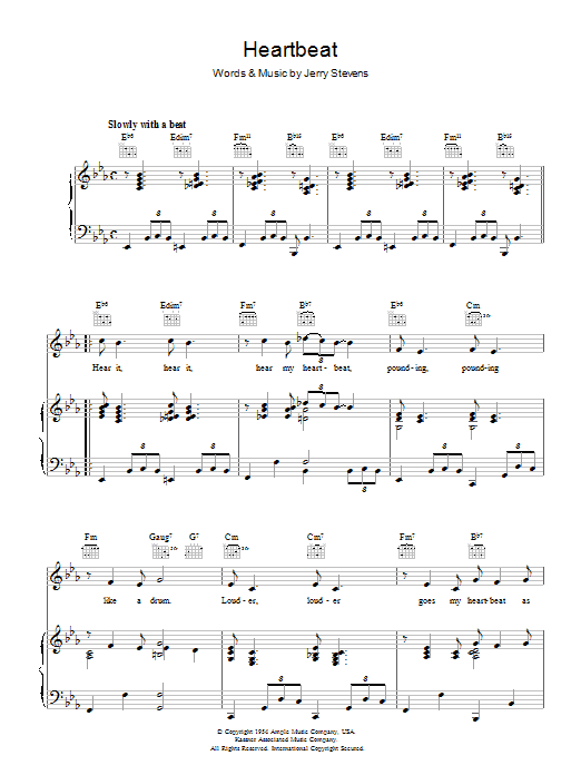 Learn to play Jerry Stevens Heartbeat sheet music for Piano, Vocal & Guitar (Right-Hand Melody) in minutes. Jerry Stevens Heartbeat sheet music preview music notes and score for Piano, Vocal & Guitar (Right-Hand Melody) including 4 page(s)