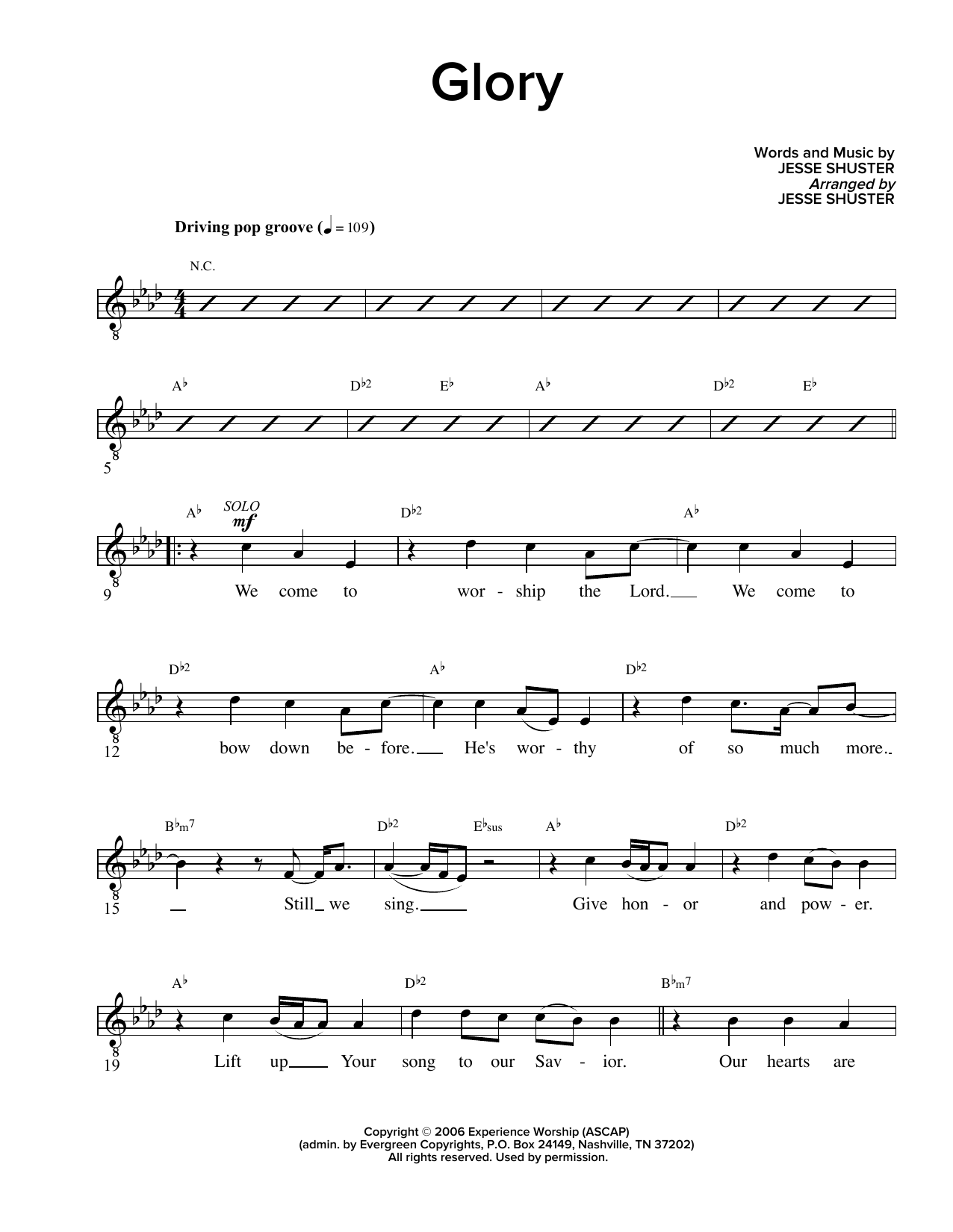 Learn to play Jesse Shuster Glory sheet music for Lead Sheet / Fake Book in minutes. Jesse Shuster Glory sheet music preview music notes and score for Lead Sheet / Fake Book including 3 page(s)