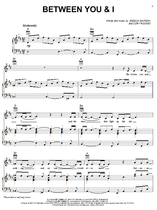 Learn to play Jessica Simpson Between You And I sheet music for Piano, Vocal & Guitar (Right-Hand Melody) in minutes. Jessica Simpson Between You And I sheet music preview music notes and score for Piano, Vocal & Guitar (Right-Hand Melody) including 7 page(s)