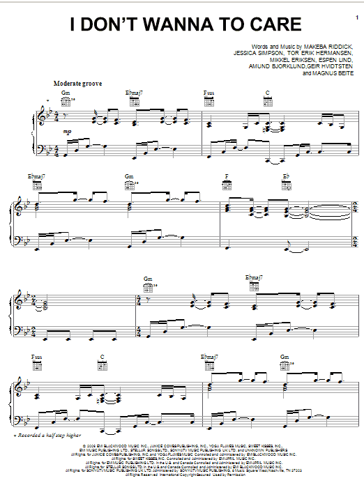 Learn to play Jessica Simpson I Don't Wanna Care sheet music for Piano, Vocal & Guitar (Right-Hand Melody) in minutes. Jessica Simpson I Don't Wanna Care sheet music preview music notes and score for Piano, Vocal & Guitar (Right-Hand Melody) including 7 page(s)