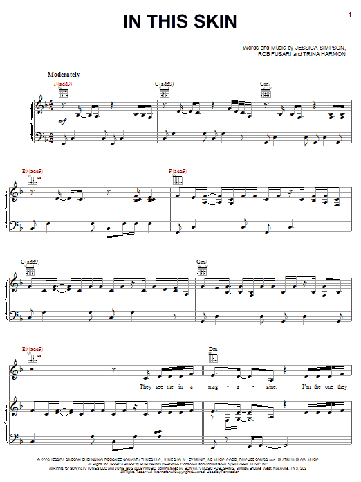Learn to play Jessica Simpson In This Skin sheet music for Piano, Vocal & Guitar (Right-Hand Melody) in minutes. Jessica Simpson In This Skin sheet music preview music notes and score for Piano, Vocal & Guitar (Right-Hand Melody) including 11 page(s)
