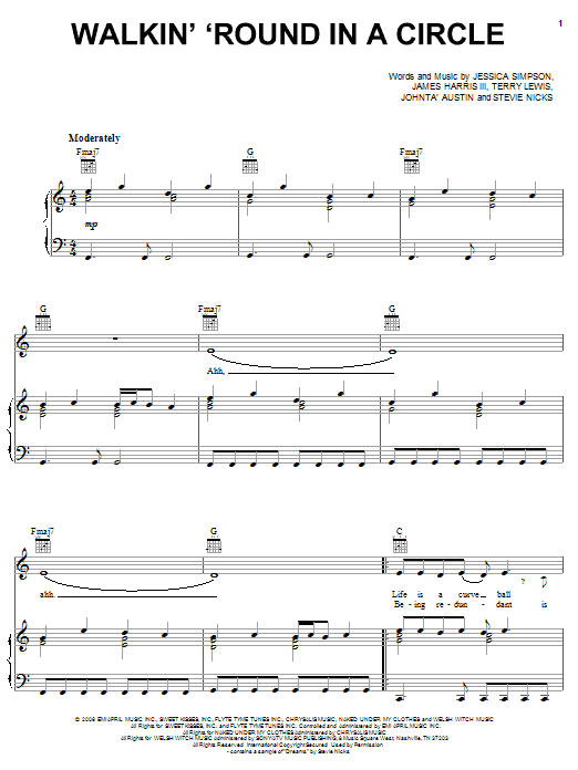 Learn to play Jessica Simpson Walkin' 'Round In A Circle sheet music for Piano, Vocal & Guitar (Right-Hand Melody) in minutes. Jessica Simpson Walkin' 'Round In A Circle sheet music preview music notes and score for Piano, Vocal & Guitar (Right-Hand Melody) including 6 page(s)