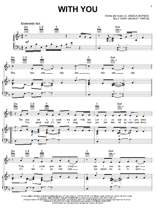 Learn to play Jessica Simpson With You sheet music for Piano, Vocal & Guitar (Right-Hand Melody) in minutes. Jessica Simpson With You sheet music preview music notes and score for Piano, Vocal & Guitar (Right-Hand Melody) including 5 page(s)