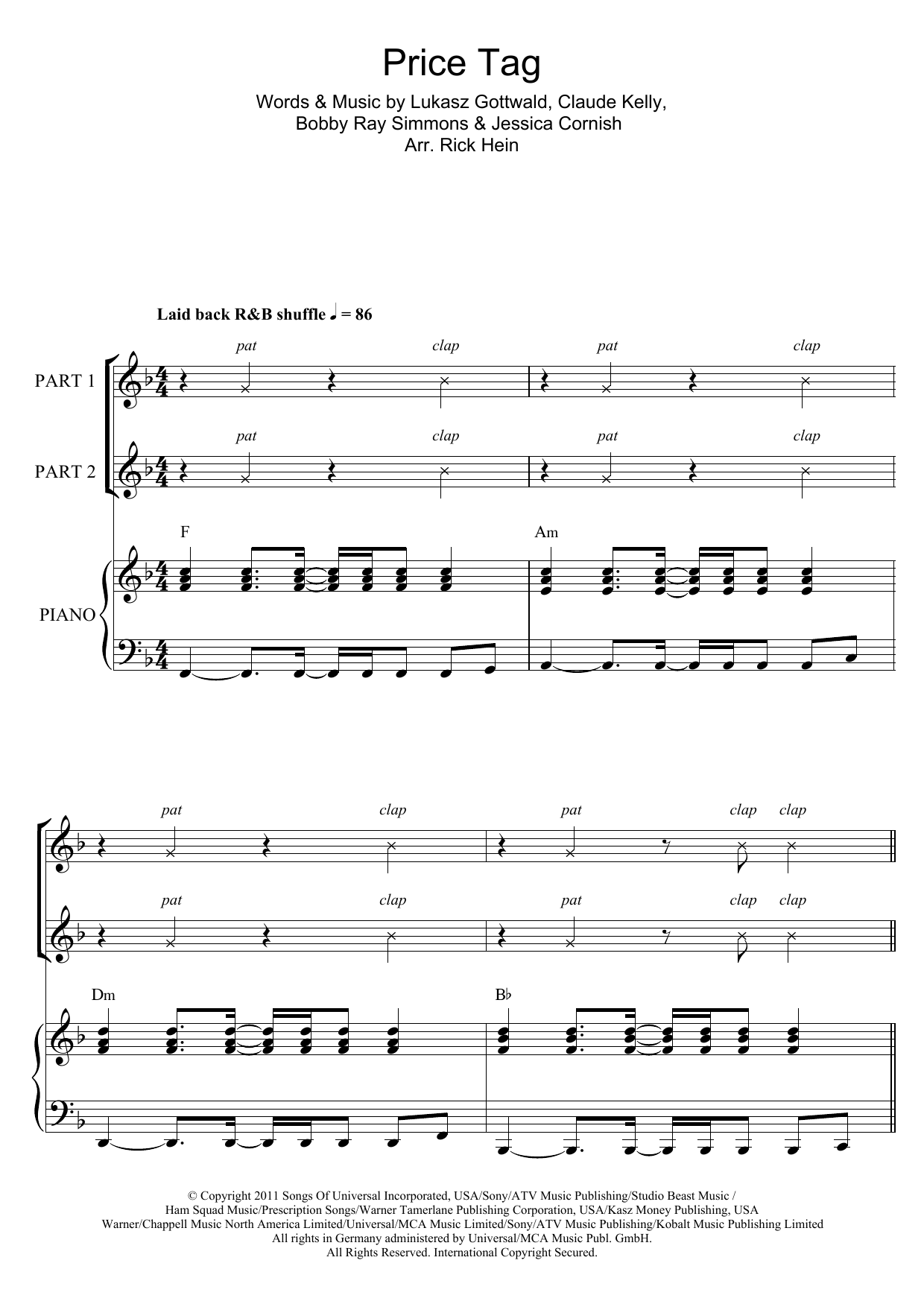 Jessie J Price Tag (arr. Rick Hein) sheet music, chords, lyrics - Printable PDF for 2-Part Choir