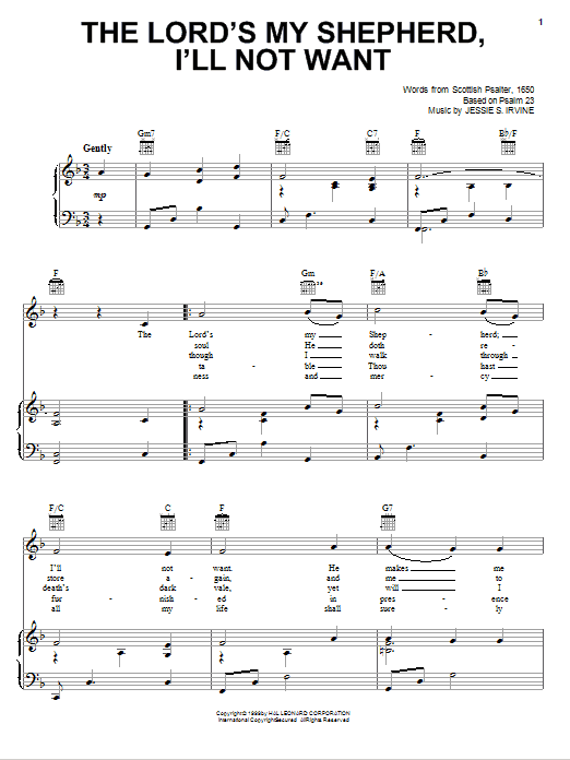 Jessie S. Irvine The Lord's My Shepherd, I'll Not Want sheet music, chords, lyrics - Printable PDF for Piano, Vocal & Guitar (Right-Hand Melody)