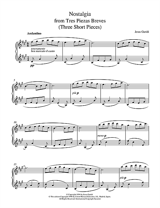 Learn to play Jesus Guridi Nostalgia From Tres Piezas Breves sheet music for Piano in minutes. Jesus Guridi Nostalgia From Tres Piezas Breves sheet music notes and chords