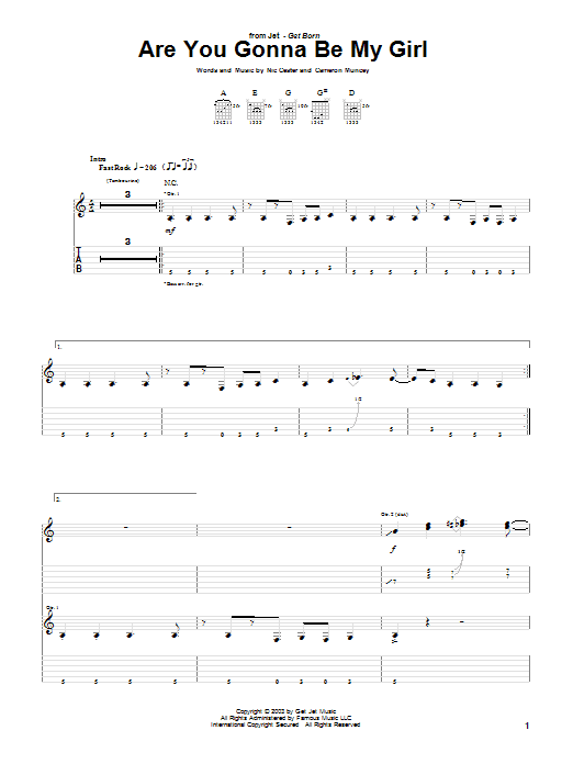 Jet Are You Gonna Be My Girl sheet music preview music notes and score for Bass Guitar Tab including 9 page(s)