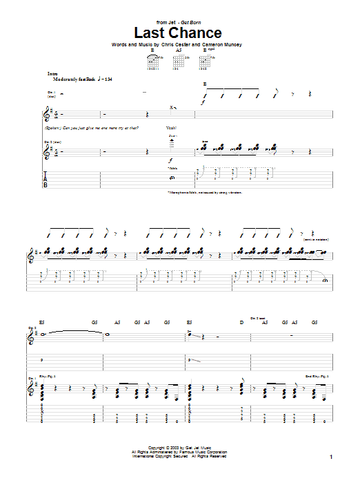 Learn to play Jet Last Chance sheet music for Guitar Tab in minutes. Jet Last Chance sheet music preview music notes and score for Guitar Tab including 4 page(s)