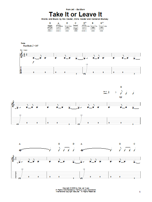 Learn to play Jet Take It Or Leave It sheet music for Guitar Tab in minutes. Jet Take It Or Leave It sheet music preview music notes and score for Guitar Tab including 6 page(s)