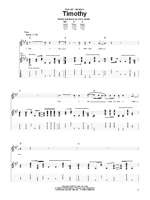 Learn to play Jet Timothy sheet music for Guitar Tab in minutes. Jet Timothy sheet music preview music notes and score for Guitar Tab including 6 page(s)