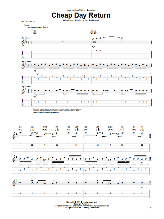 Jethro Tull Cheap Day Return sheet music, chords, lyrics - Printable PDF for Guitar Tab