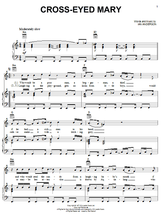Learn to play Jethro Tull Cross-Eyed Mary sheet music for Piano, Vocal & Guitar (Right-Hand Melody) in minutes. Jethro Tull Cross-Eyed Mary sheet music preview music notes and score for Piano, Vocal & Guitar (Right-Hand Melody) including 3 page(s)