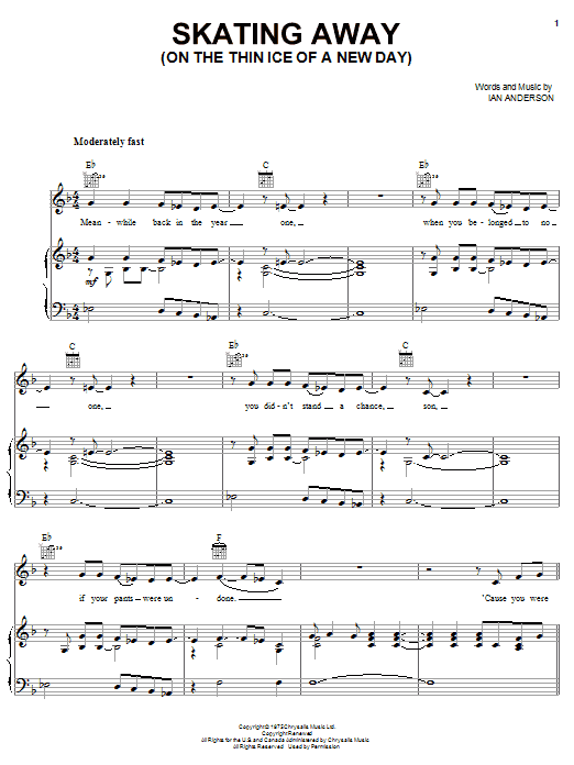 Learn to play Jethro Tull Skating Away (On The Thin Ice Of A New Day) sheet music for Piano, Vocal & Guitar (Right-Hand Melody) in minutes. Jethro Tull Skating Away (On The Thin Ice Of A New Day) sheet music preview music notes and score for Piano, Vocal & Guitar (Right-Hand Melody) including 6 page(s)