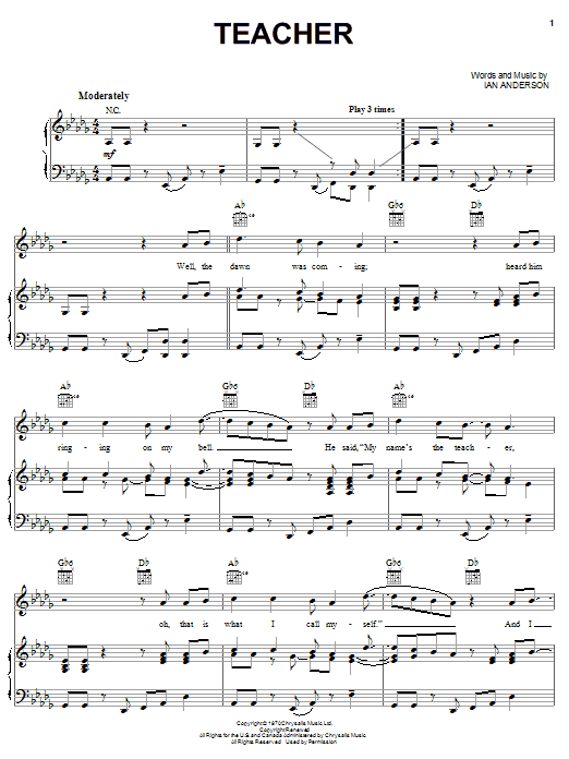 Learn to play Jethro Tull Teacher sheet music for Piano, Vocal & Guitar (Right-Hand Melody) in minutes. Jethro Tull Teacher sheet music notes and chords
