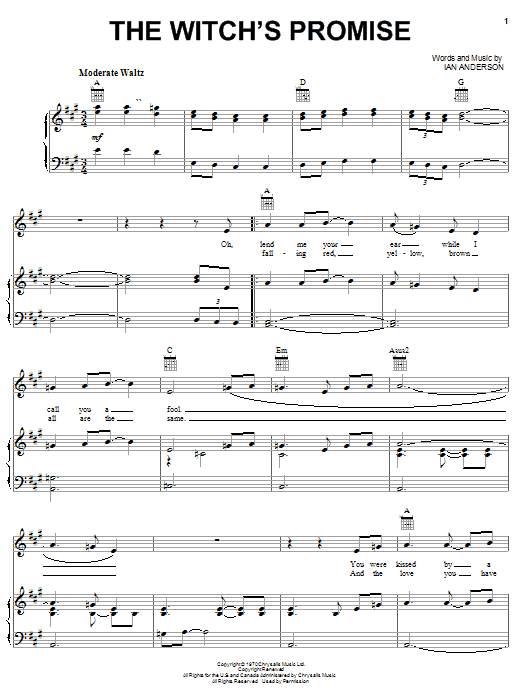 Learn to play Jethro Tull The Witch's Promise sheet music for Piano, Vocal & Guitar (Right-Hand Melody) in minutes. Jethro Tull The Witch's Promise sheet music notes and chords