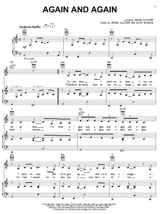Learn to play Jewel Again And Again sheet music for Piano, Vocal & Guitar (Right-Hand Melody) in minutes. Jewel Again And Again sheet music preview music notes and score for Piano, Vocal & Guitar (Right-Hand Melody) including 7 page(s)