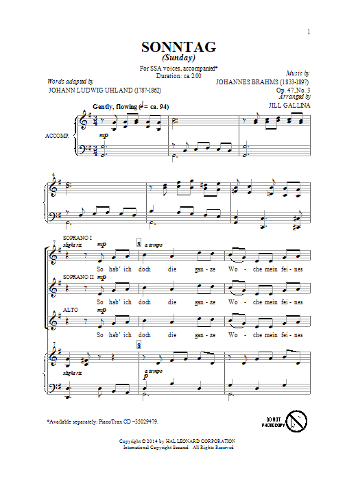 Johannes Brahms Sonntag (arr. Jill Gallina) sheet music, chords, lyrics - Printable PDF for SSA