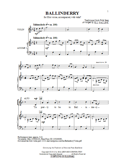 Traditional Folksong Ballinderry (arr. Jill Gallina) sheet music preview music notes and score for SSA including 14 page(s)