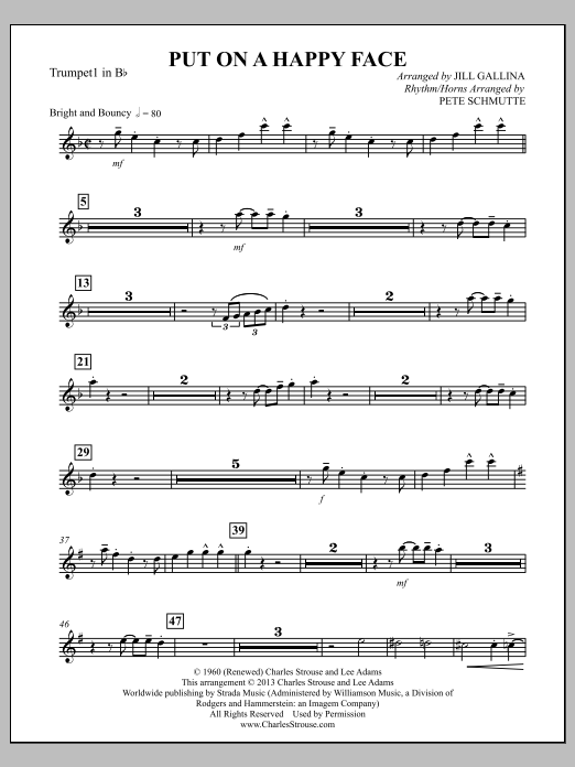 Learn to play Jill Gallina Put On a Happy Face - Bb Trumpet 1 sheet music for Choir Instrumental Pak in minutes. Jill Gallina Put On a Happy Face - Bb Trumpet 1 sheet music notes and chords