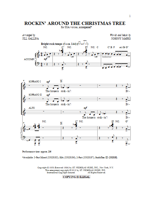 Jill Gallina Rockin' Around The Christmas Tree sheet music preview music notes and score for SSA including 11 page(s)