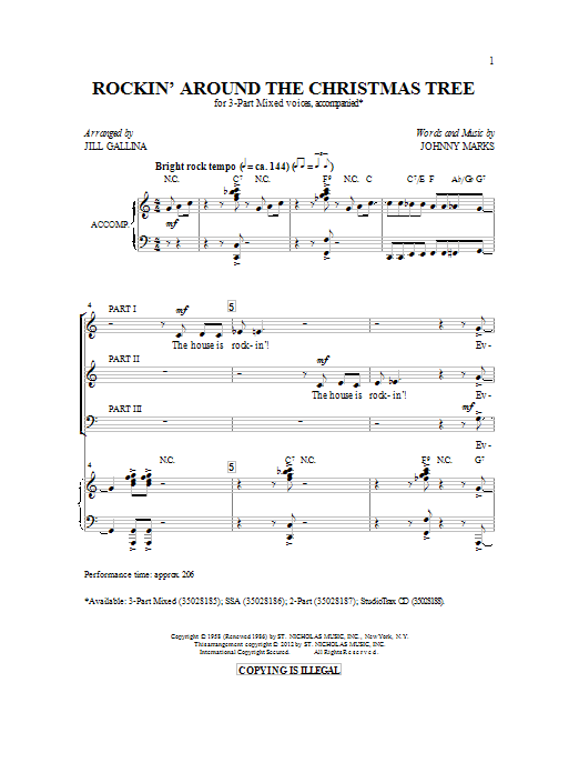 Learn to play Johnny Marks Rockin' Around The Christmas Tree (arr. Jill Gallina) sheet music for 3-Part Mixed in minutes. Johnny Marks Rockin' Around The Christmas Tree (arr. Jill Gallina) sheet music preview music notes and score for 3-Part Mixed including 11 page(s)