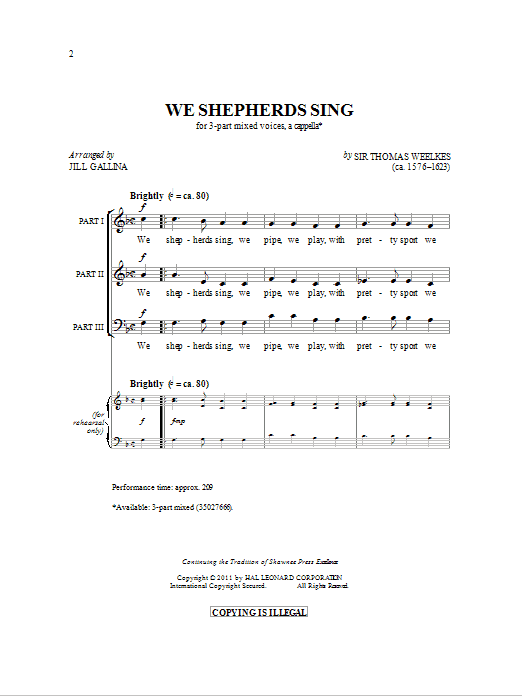 Thomas Weelkes We Shepherds Sing (arr. Jill Gallina) sheet music preview music notes and score for 3-Part Mixed including 7 page(s)