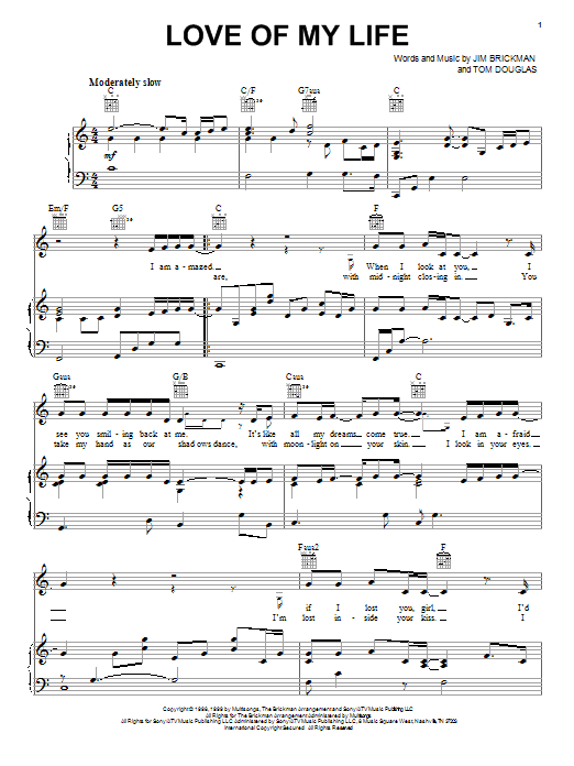 Learn to play Jim Brickman Love Of My Life sheet music for Piano, Vocal & Guitar (Right-Hand Melody) in minutes. Jim Brickman Love Of My Life sheet music notes and chords