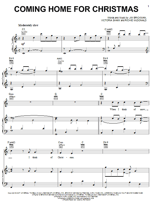 Learn to play Jim Brickman with Richie McDonald Coming Home For Christmas sheet music for Piano, Vocal & Guitar (Right-Hand Melody) in minutes. Jim Brickman with Richie McDonald Coming Home For Christmas sheet music preview music notes and score for Piano, Vocal & Guitar (Right-Hand Melody) including 10 page(s)