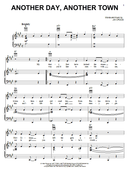 Learn to play Jim Croce Another Day, Another Town sheet music for Piano, Vocal & Guitar (Right-Hand Melody) in minutes. Jim Croce Another Day, Another Town sheet music notes and chords