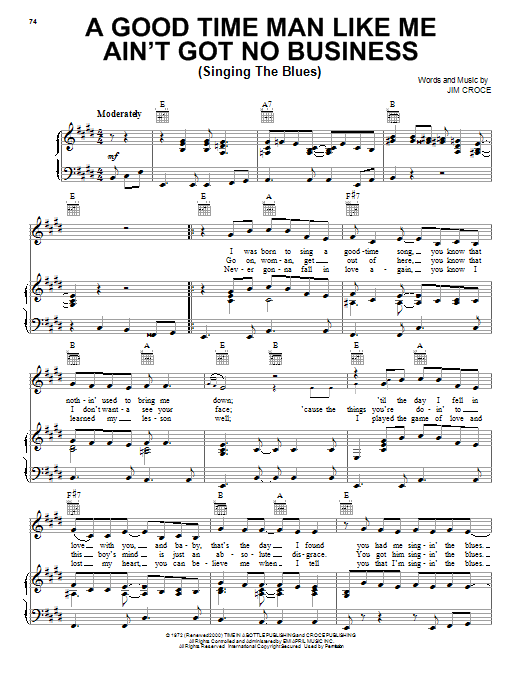 Learn to play Jim Croce Got No Business Singing The Blues sheet music for Piano, Vocal & Guitar (Right-Hand Melody) in minutes. Jim Croce Got No Business Singing The Blues sheet music notes and chords