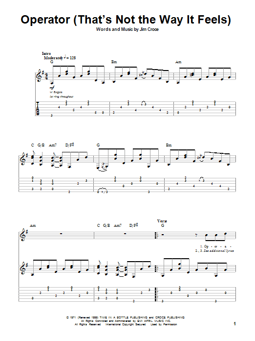 Learn to play Jim Croce Operator (That's Not The Way It Feels) sheet music for Lyrics & Chords in minutes. Jim Croce Operator (That's Not The Way It Feels) sheet music notes and chords