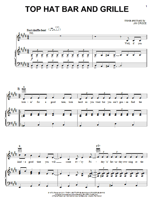 Learn to play Jim Croce Top Hat Bar And Grille sheet music for Piano, Vocal & Guitar (Right-Hand Melody) in minutes. Jim Croce Top Hat Bar And Grille sheet music notes and chords