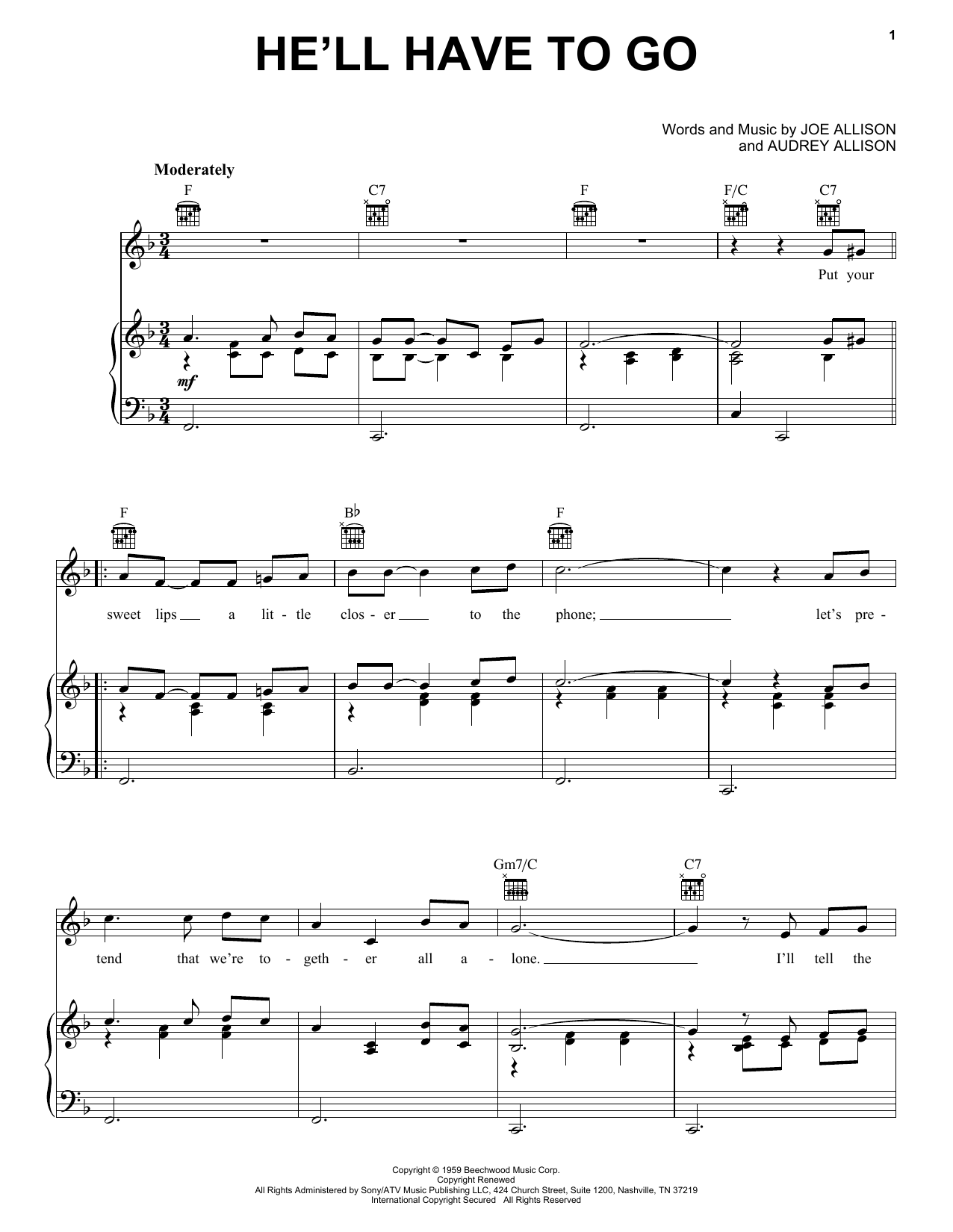 Jim Reeves He'll Have To Go sheet music preview music notes and score for Piano, Vocal & Guitar (Right-Hand Melody) including 4 page(s)