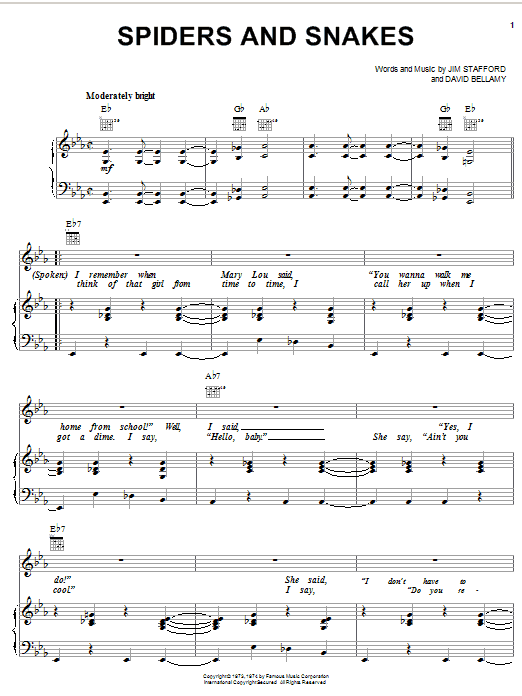Learn to play Jim Stafford Spiders And Snakes sheet music for Piano, Vocal & Guitar (Right-Hand Melody) in minutes. Jim Stafford Spiders And Snakes sheet music notes and chords